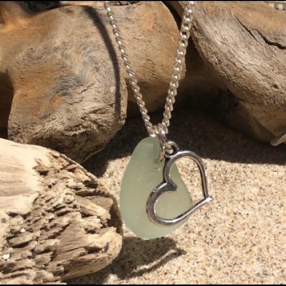 Handcrafted Jewelry - Seafoam SEAGLASS Necklace w/Floating Heart